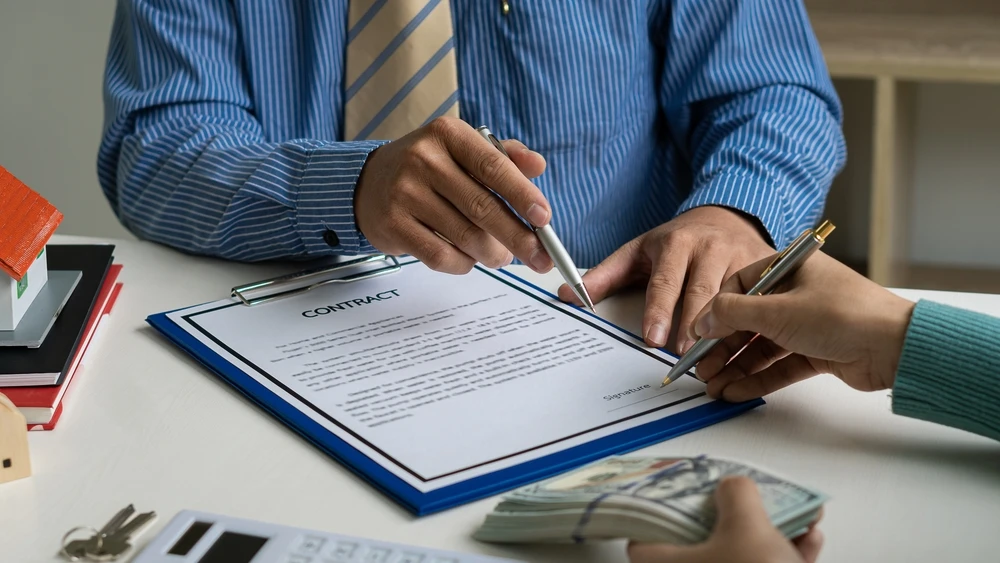 Sales representatives and new homeowners signing a contract